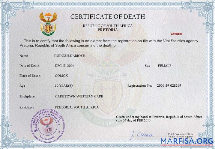 Printable South Africa death certificate PSD template